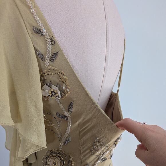 Vintage Sue Wong Silk Maxi Dress Gown 10 Green Y2K Fairy Floral Bead Grunge - Picture 12 of 16